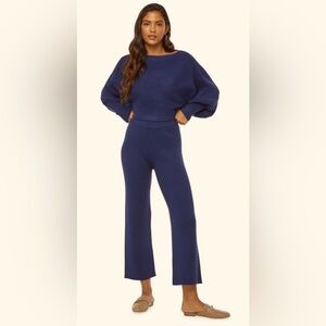 JustFab Ribbed Crop Top & Ankle Length Ribbed Trouser Sweater Set-Navy Blue M/L